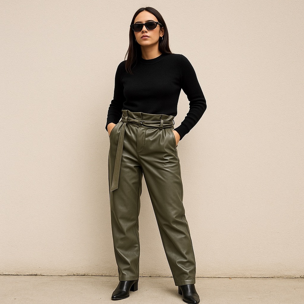 Bacio Olive Green Faux Leather Cotton Blend Paper Bag Waist Pants Women’s Large